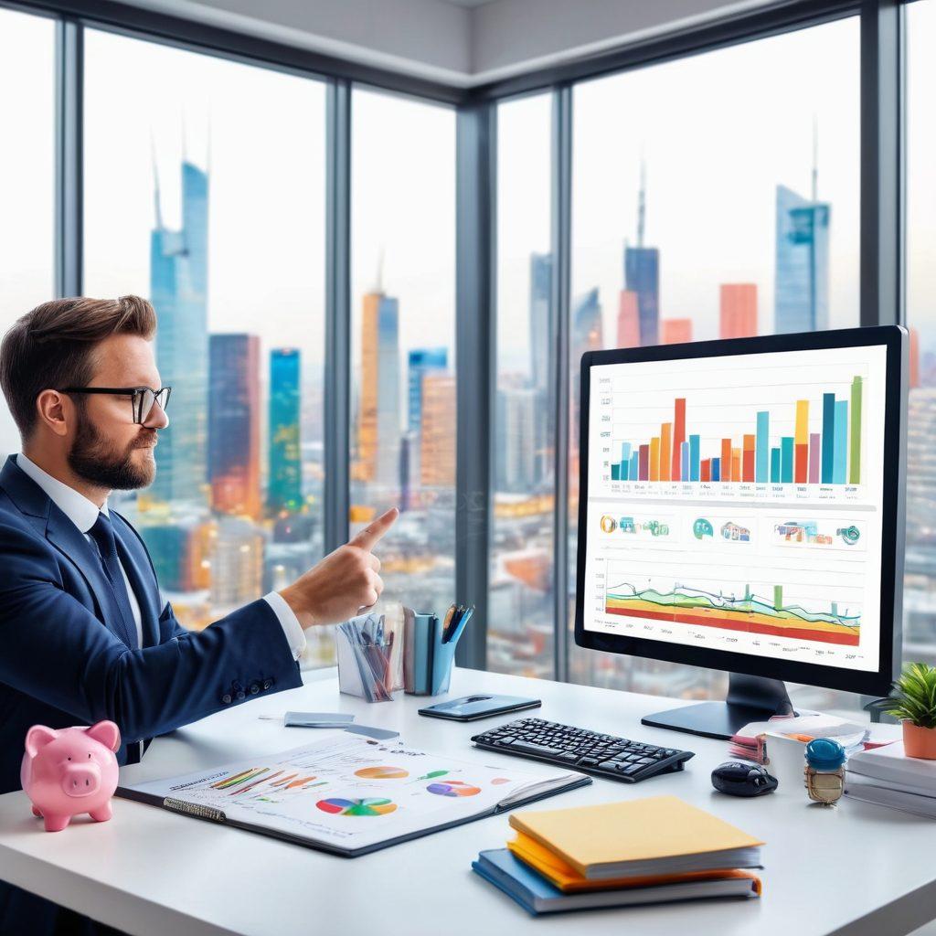A confident financial expert in a sleek, modern office pointing at a digital screen displaying growing mutual fund graphs, surrounded by stacks of investment books, and a glowing piggy bank. Futuristic cityscape visible through the window, indicating financial growth. super-realistic. vibrant colors. white background.