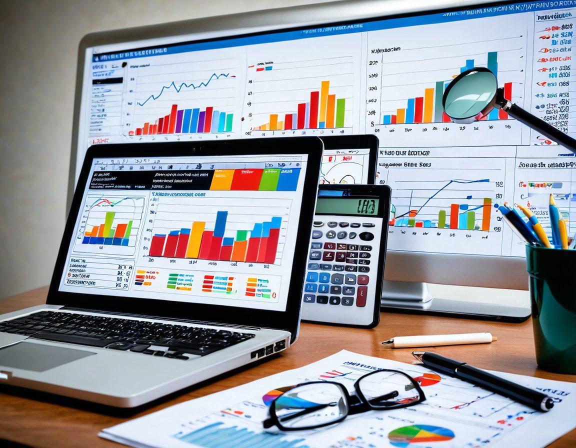 An analytical office desk scene with a laptop open to financial charts, stacks of mutual fund reports, a calculator, and a magnifying glass. Include a successful business person in the background pointing at a rising graph on a whiteboard. Bright lighting evokes an environment of intellectual activity and financial strategy. super-realistic. vibrant colors.
